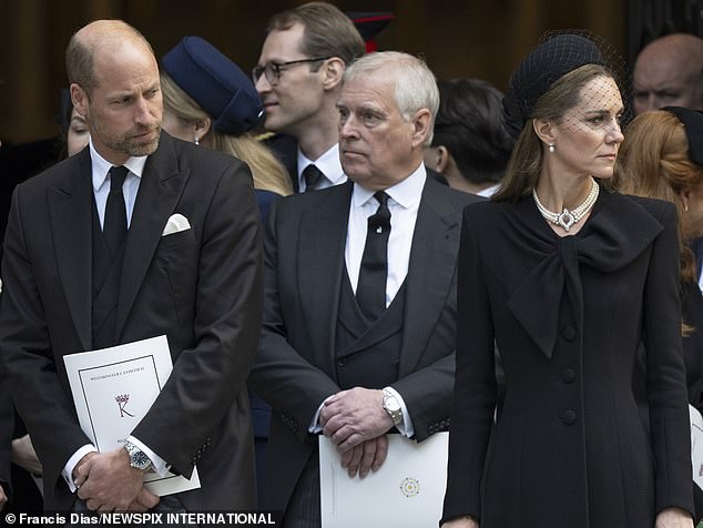 Prince William, Prince Andrew and Catherine outside Westminster Cathedral; the Waleses later said they were 'deeply concerned'.