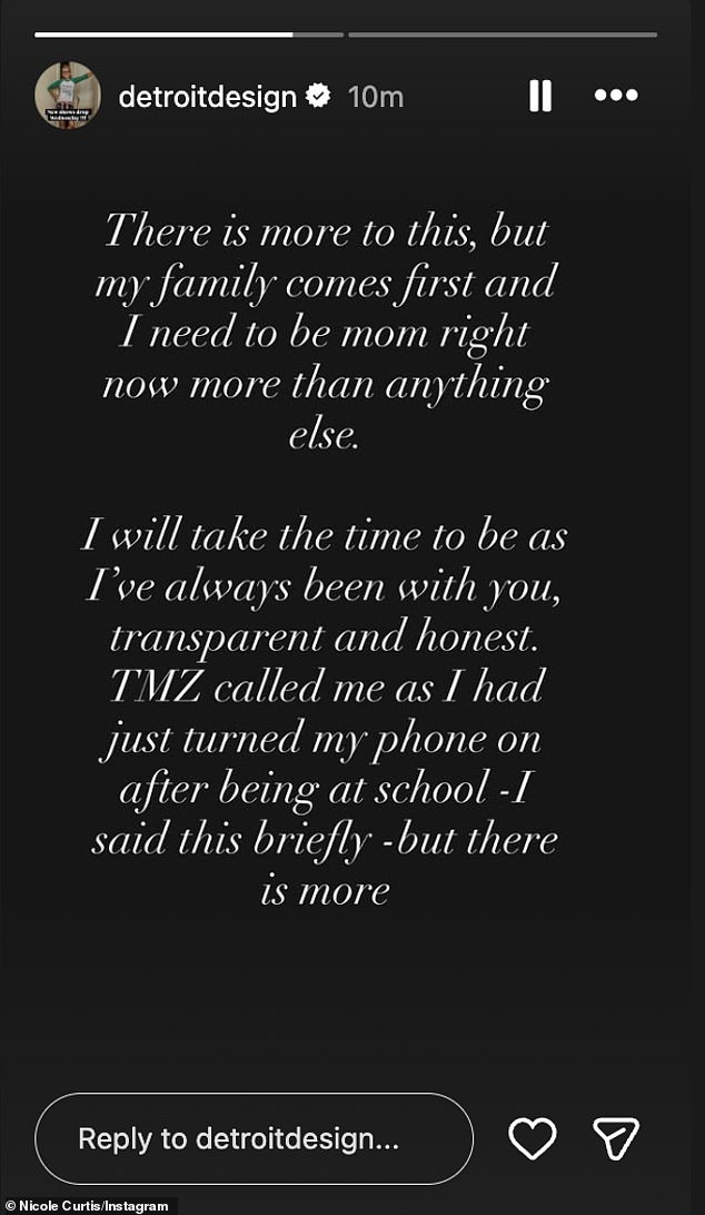 Screenshot of Nicole Curtis's Instagram story hinting there is more to the situation.