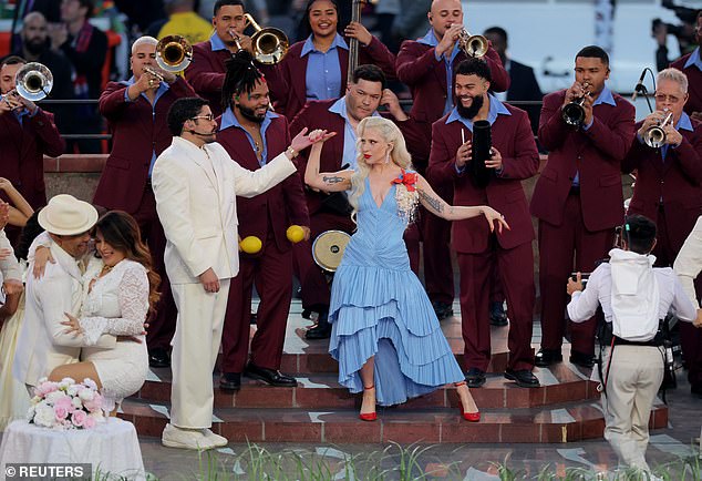 Bad Bunny performs with guest Lady Gaga during the Super Bowl LX halftime show.