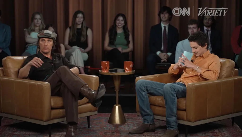 Timothee Chalamet and Matthew McConaughey during a CNN town hall on Feb. 24, 2026.