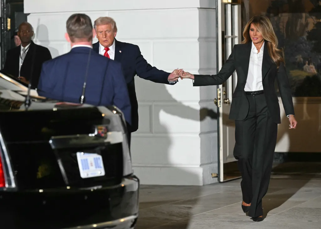 Donald and Melania Trump walk from the White House toward a vehicle before the State of the Union address.