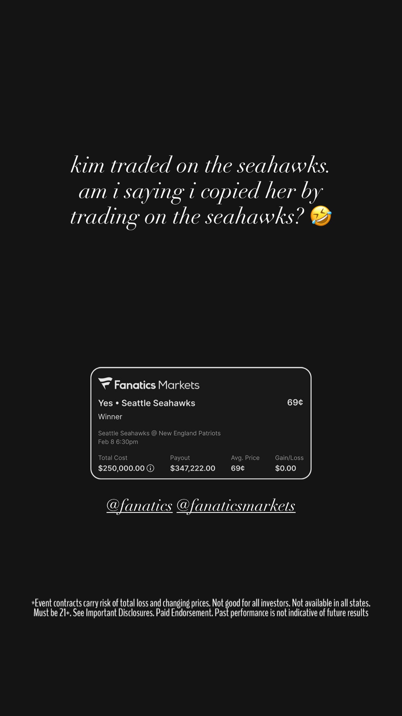 Kylie Jenner's Instagram Story repost of a Seahawks wager, joking about copying Kim.