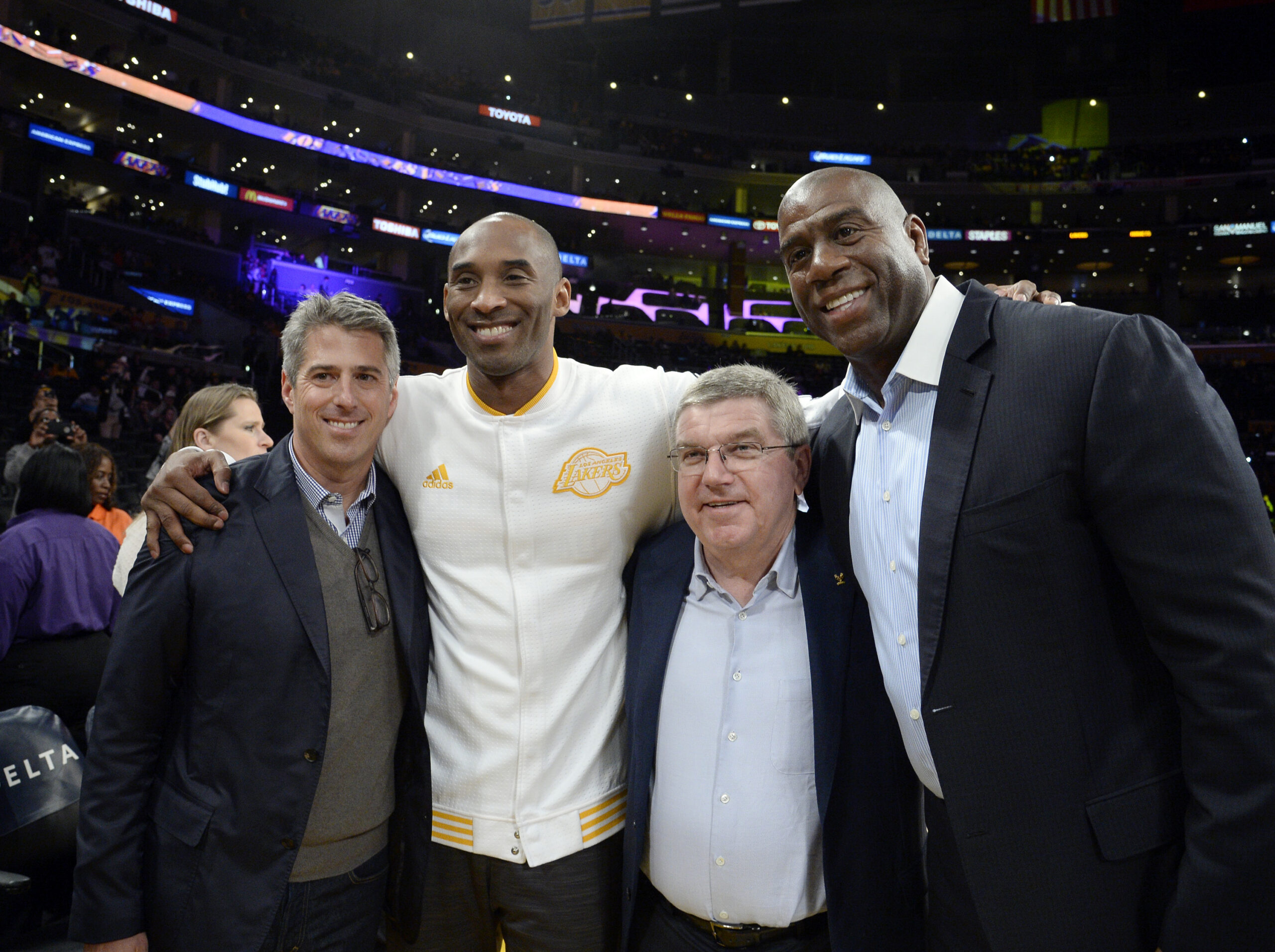 Casey Wasserman with Kobe Bryant, IOC President Thomas Bach, and Magic Johnson in 2016.