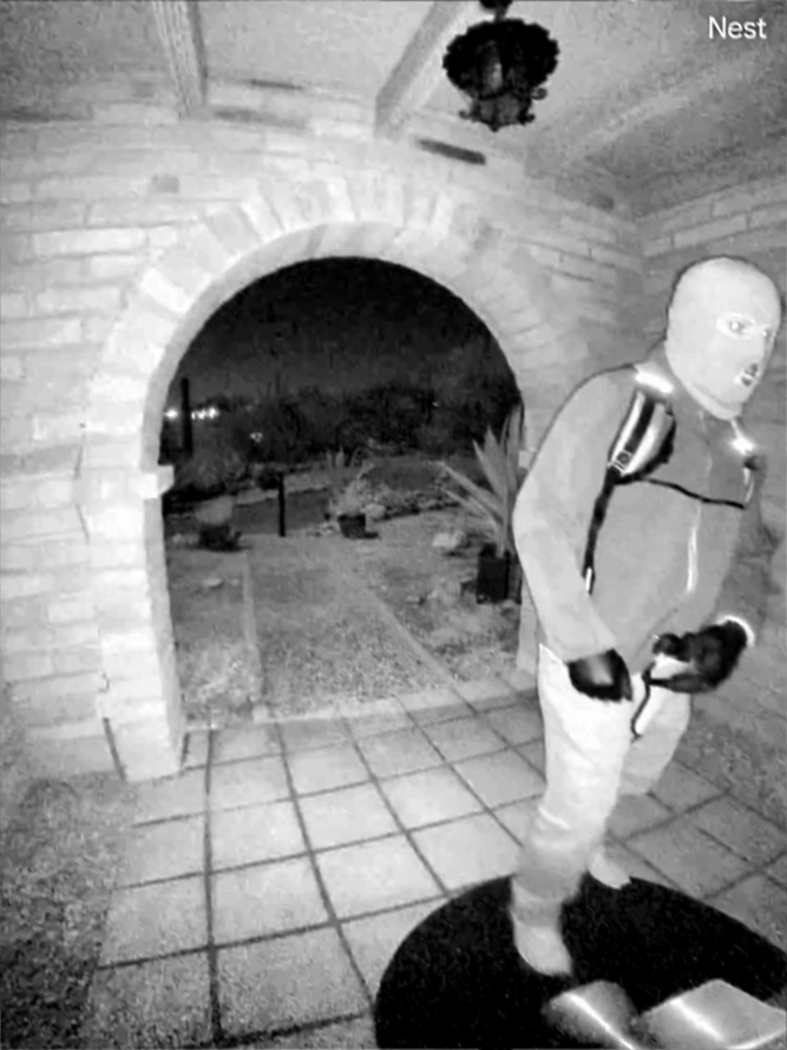 FBI-released surveillance image showing a masked suspect near an arched entryway.