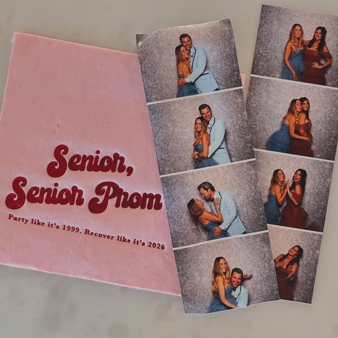 Photo booth strips beside a pink card reading 'Senior, Senior Prom - Party like it's 1999. Recover like it's 2026.'