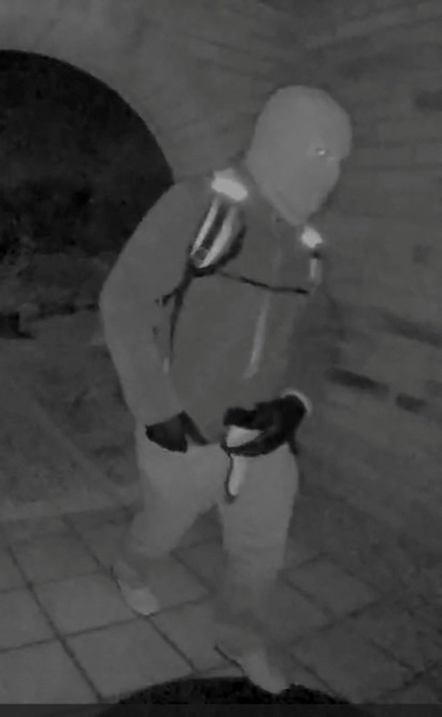 Security-camera image of an armed, masked individual believed to be connected to Nancy Guthrie's disappearance.