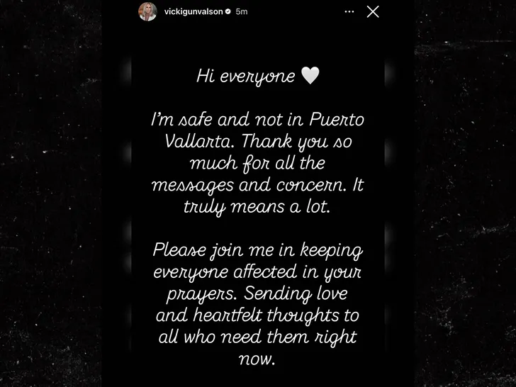 Screenshot of Vicki Gunvalson's Instagram Story saying she is safe and asking for prayers amid unrest in Puerto Vallarta.