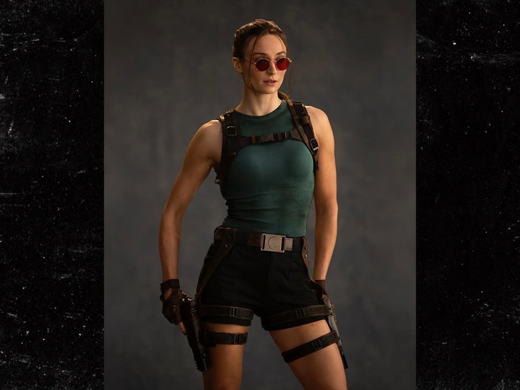 Sophie Turner in Lara Croft gear in a promotional image from Amazon Studios