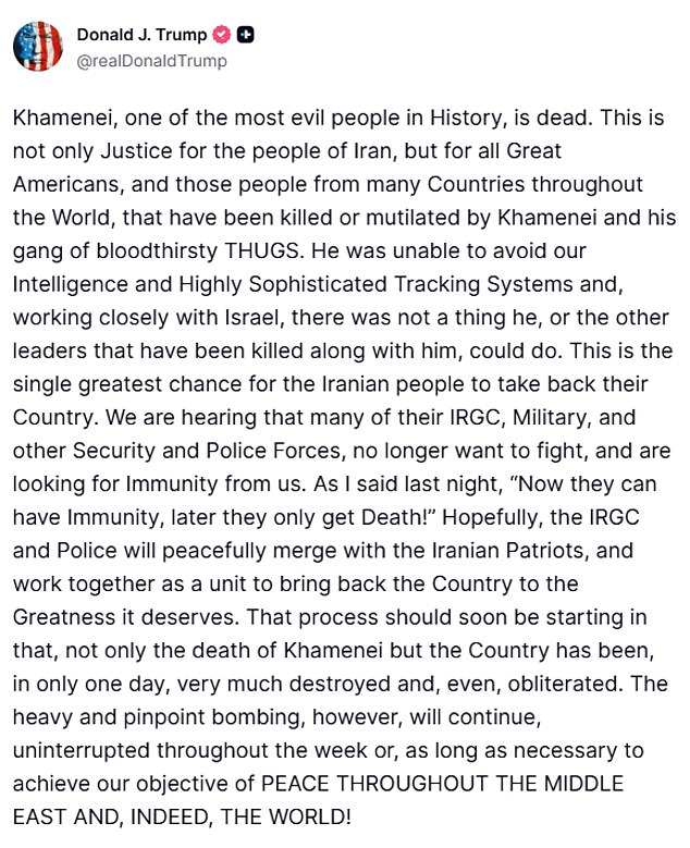 Screenshot of President Trump's Truth Social post declaring Ayatollah Ali Khamenei dead