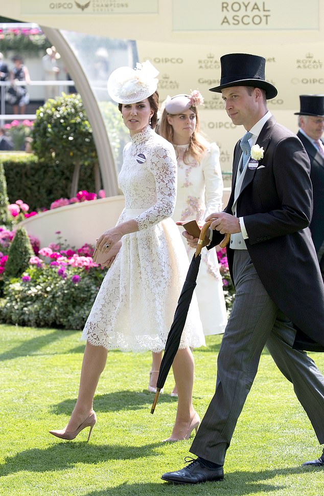 Princess Beatrice approaches Catherine and Prince William during a group conversation at Royal Ascot in 2017.