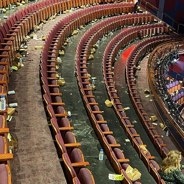 A photo shared by journalist Matt Neglia showed the Oscars venue completely covered in trash after the event and it sparked fierce backlash over the star-studded attendees' behavior - Daily Mail