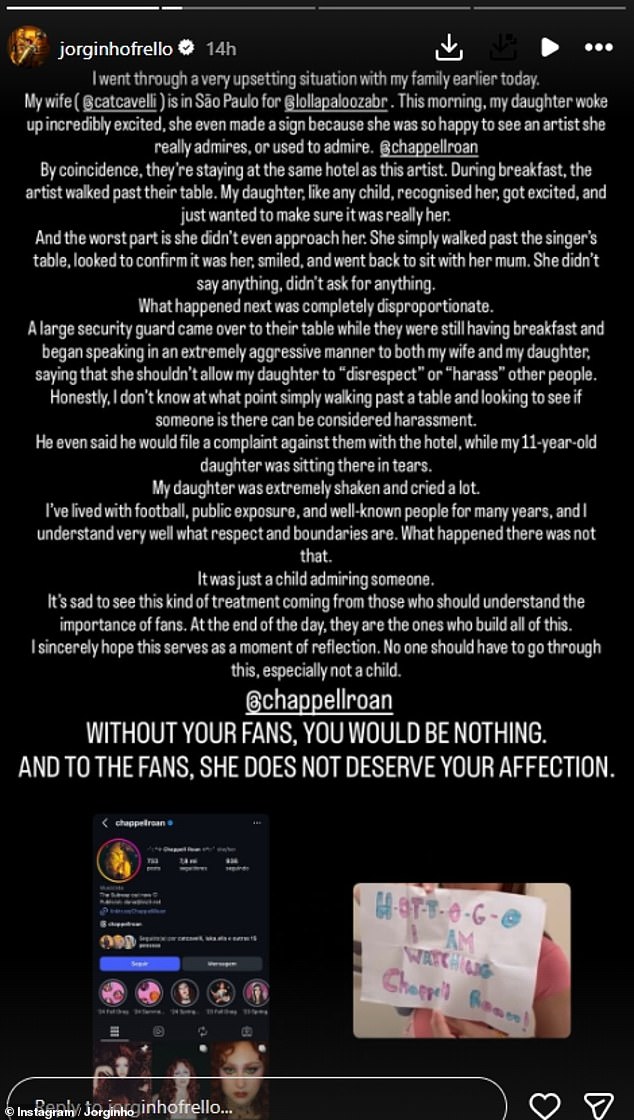 Screenshot of Jorginho's Instagram statement describing a breakfast incident involving a security guard