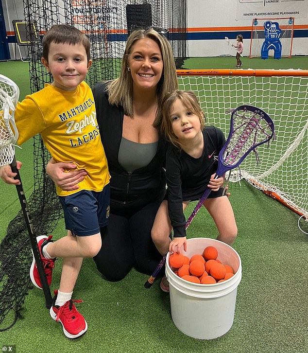 Jessi Pierce with two of her children at a hockey rink