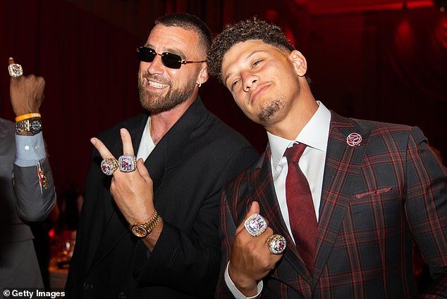Travis Kelce and Patrick Mahomes at the opening of their Kansas City steakhouse 1587 Prime in September 2025