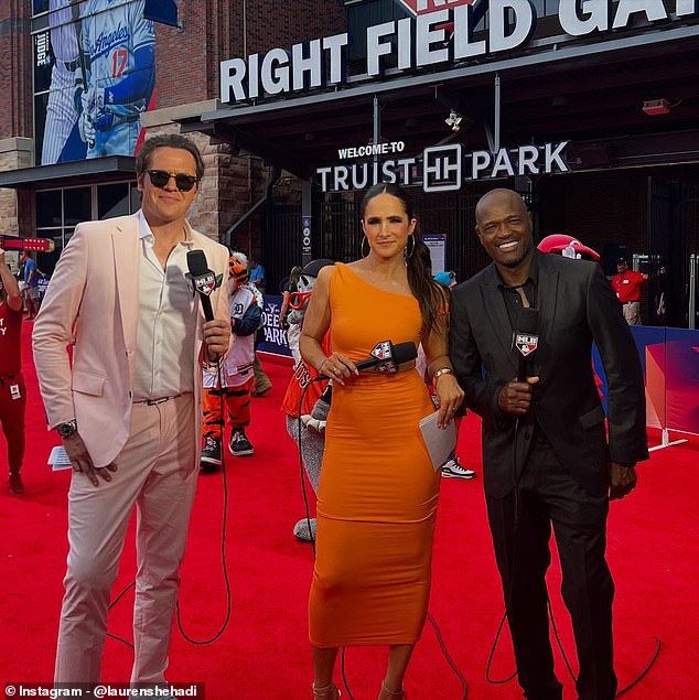 Lauren Shehadi with fellow on-air talent on a red-carpet baseball event.