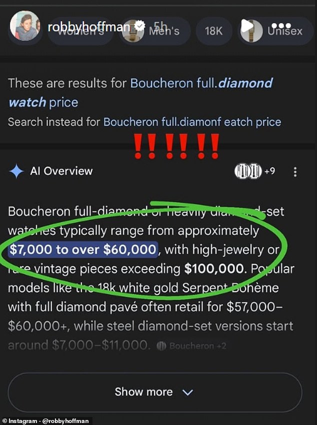 Screenshot shared by Robby Hoffman showing Boucheron diamond watch prices
