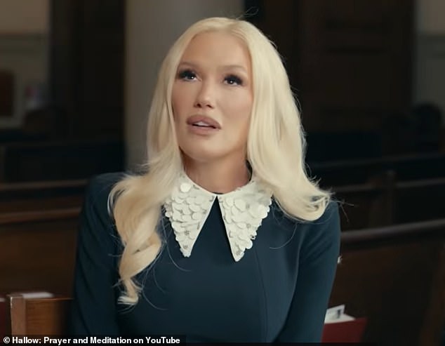 Gwen Stefani in a church setting discussing her faith journey during a Hallow interview