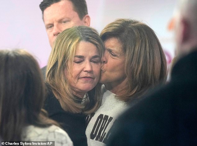 Hoda Kotb embraces Savannah Guthrie during an emotional reunion in New York
