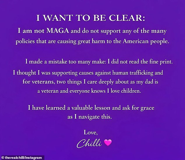 Screenshot of Chilli's Instagram statement reading "I am not MAGA" posted on March 29, 2026.