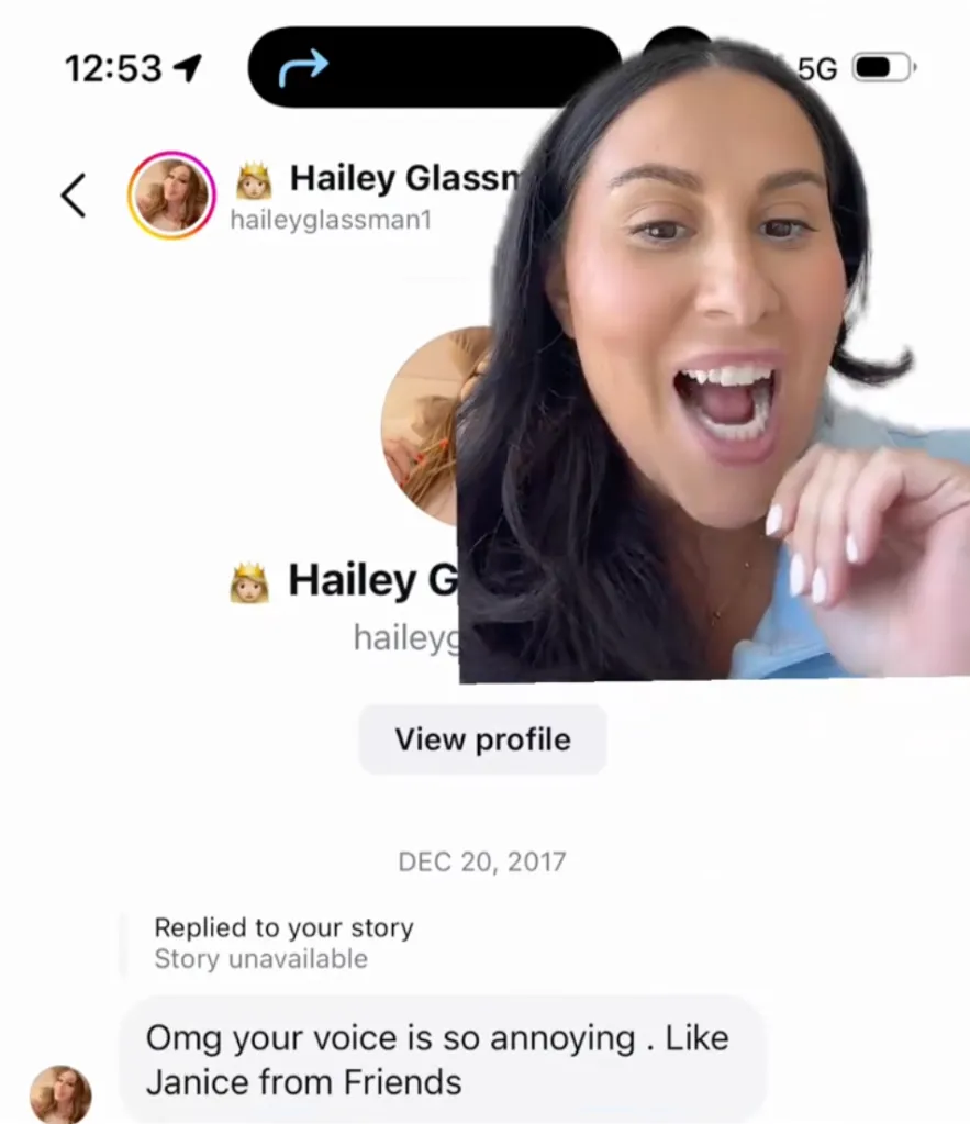Screenshot shown by Claudia Oshry of a DM attributed to Hailey Glassman reading, "Omg your voice is so annoying. Like Janice from Friends."