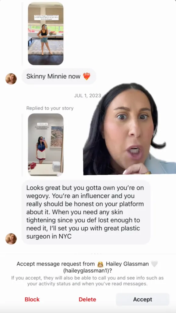 Collage of alleged Instagram DMs attributed to Hailey Glassman alongside Claudia Oshry speaking in a video.