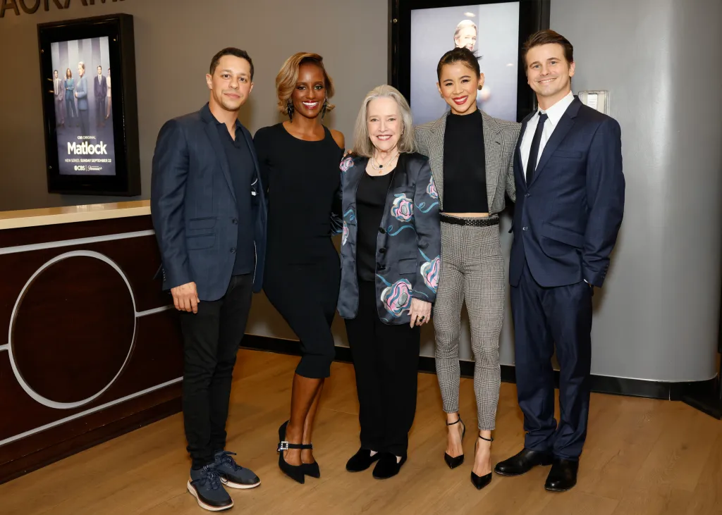 The cast of Matlock - David Del Rio, Skye P. Marshall, Kathy Bates, Leah Lewis, and Jason Ritter - at a FYC event.