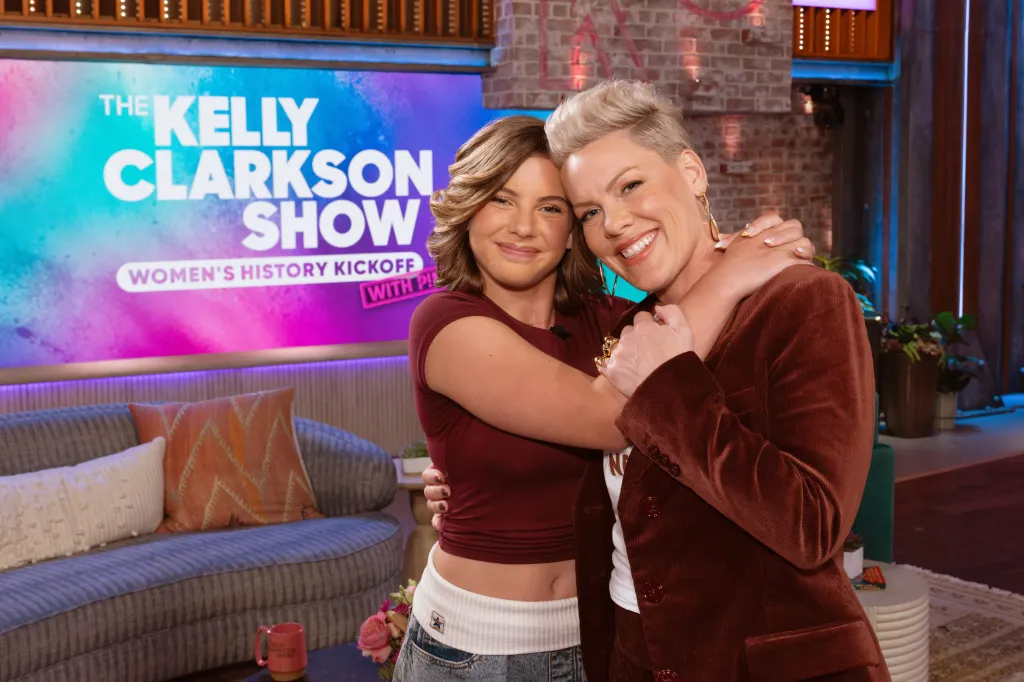 Pink with daughter Willow on The Kelly Clarkson Show set during her guest-host stint.