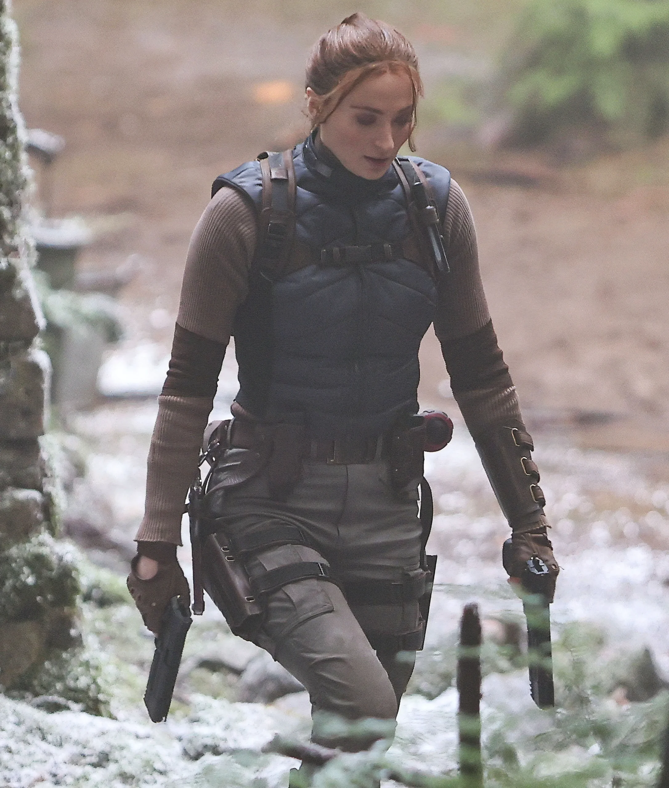 Sophie Turner in character as Lara Croft filming action scenes in Surrey, U.K., earlier this month.