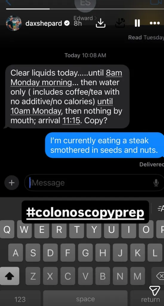 Screenshot of Dax Shepard's colonoscopy prep instructions shared on Instagram Story.