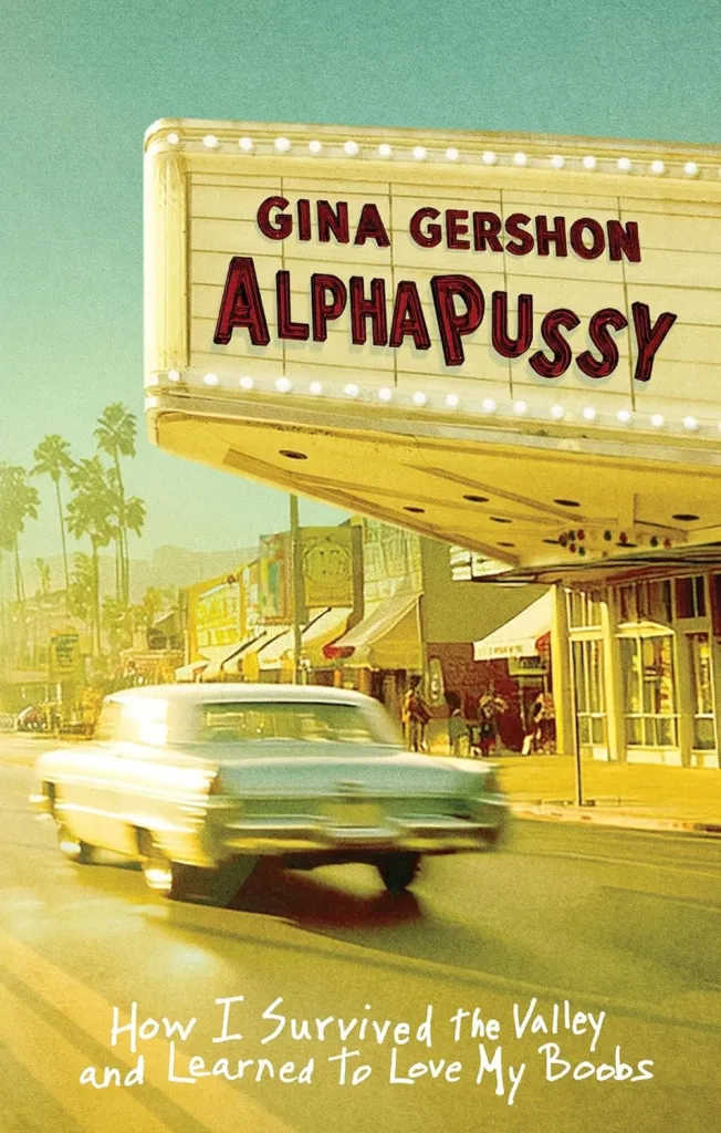 Illustration of the AlphaPussy book cover featuring a marquee with the author and title above a street scene with a moving car and palm trees.
