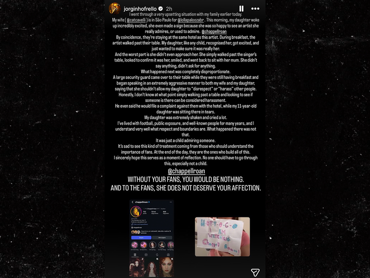 Screenshot of Jorginho's Instagram post alleging Roan's security upset his stepdaughter