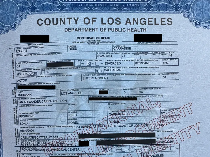 Portion of Robert Carradine's Los Angeles County death certificate noting cremation and plans to scatter ashes at sea