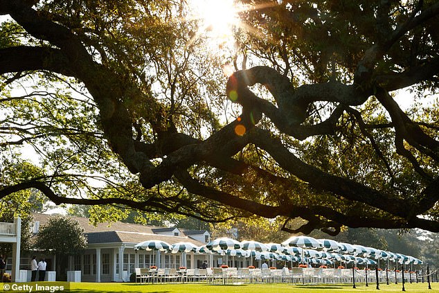 Augusta National's Big Oak Tree gathering area near the clubhouse during Masters week