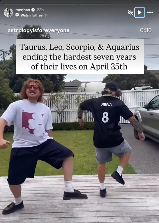 Screenshot of celebratory clip by Harrison Keefe and Nepia Takuira-Mita about seven hard years ending, reportedly reshared on Meghan Markle's Instagram Story.