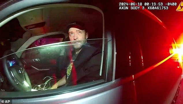 Still from Sag Harbor police bodycam video released in March 2026 showing Justin Timberlake during the 2024 traffic stop