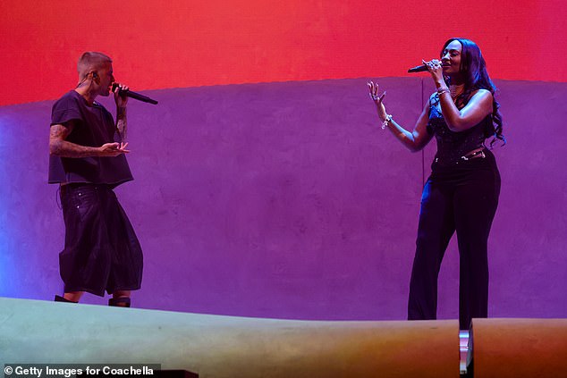Justin Bieber and Tems perform a duet onstage during his Coachella set.