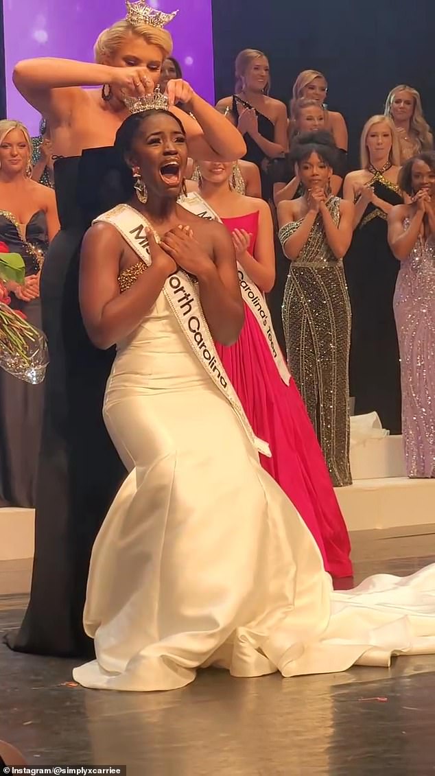 Carrie Everett is crowned Miss North Carolina 2024 on stage during her sophomore year at North Carolina Central University.