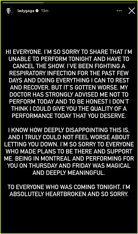 Screenshot of Lady Gaga's Instagram Story announcing the April 6 Montreal show cancellation.