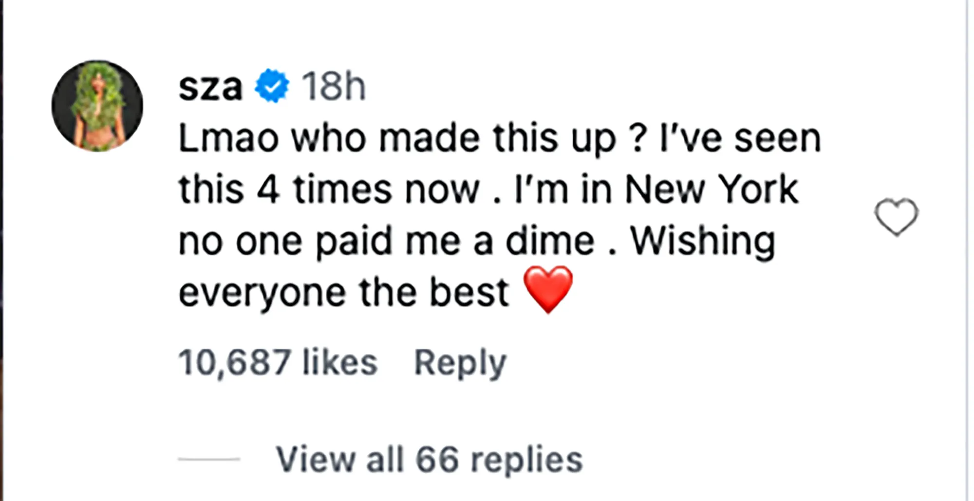 Screenshot of SZA's Instagram comment denying she was paid to be Justin Bieber's Coachella 2026 backup, noting she's in New York and wishing everyone the best.