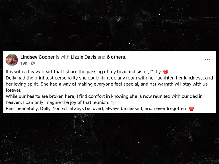 Screenshot of a Facebook tribute post by Dolly Martinez's sister announcing her death.