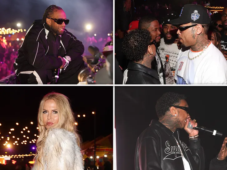 Neon Carnival sponsor wall and rides at night, with Rivian and LaCroix branding visible.