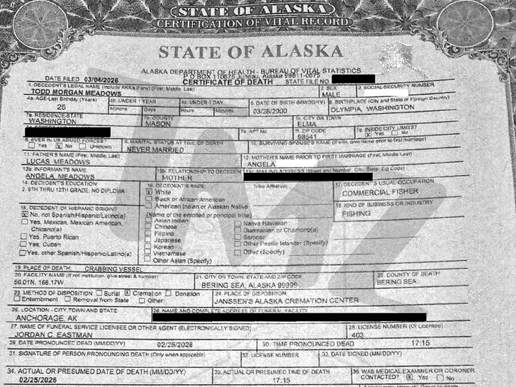 Excerpt of the Alaska death certificate listing drowning with probable hypothermia